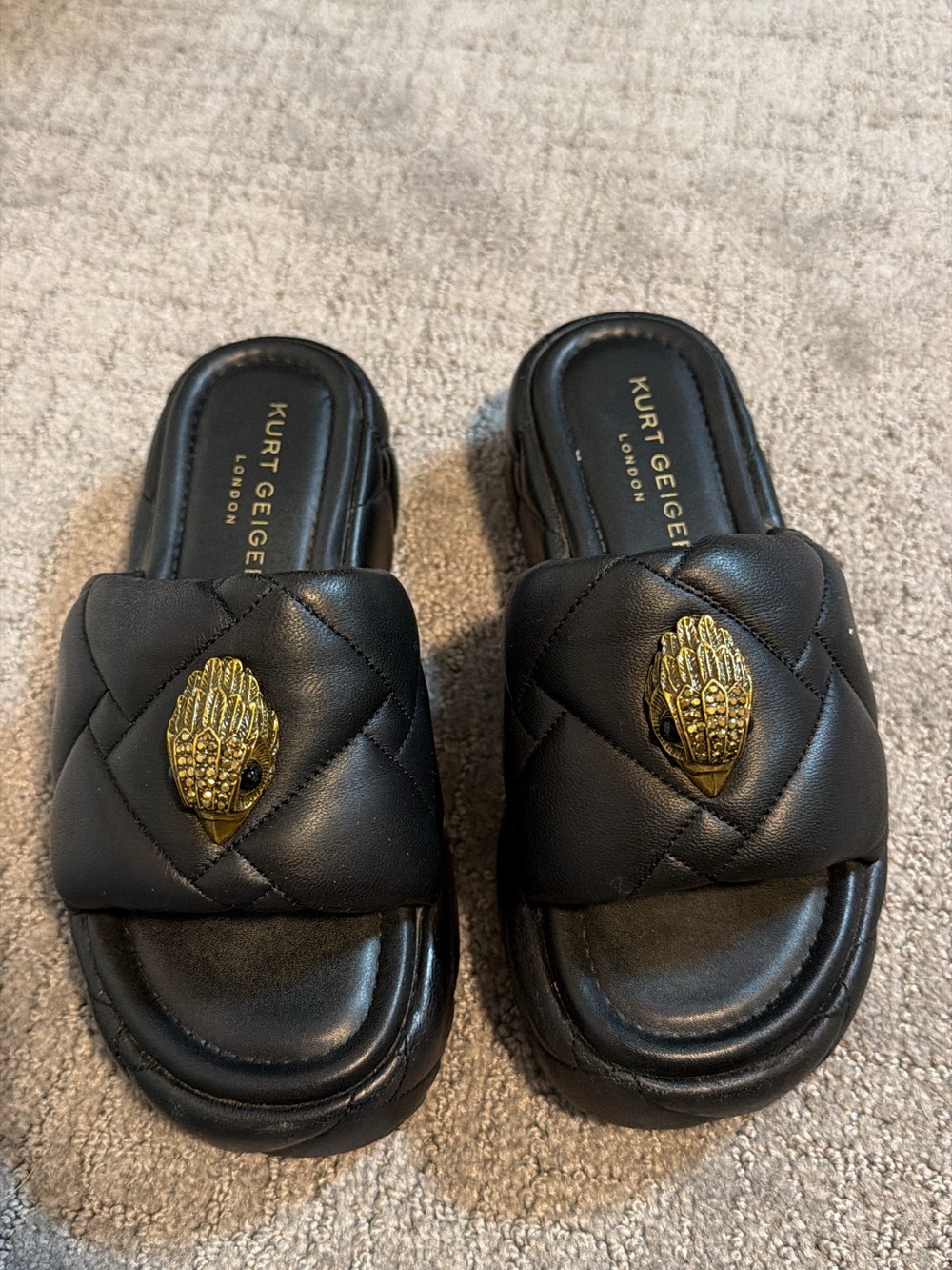 Kurt Geiger Black Quilted Leather Slide Sandals with Gold Hand Emblem